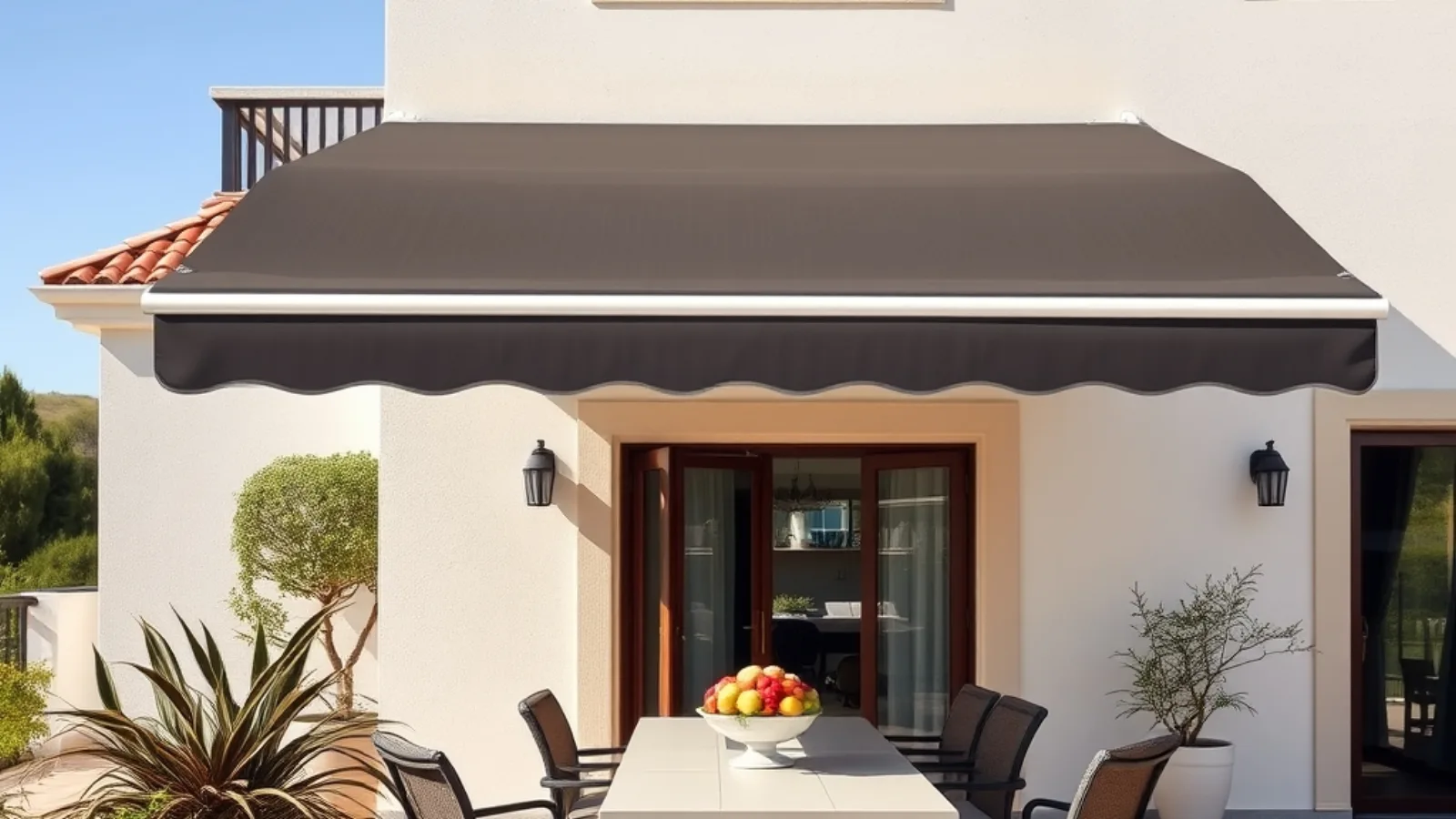 Toldo para terraço a cobrir uma zona de refeições exterior numa moradia