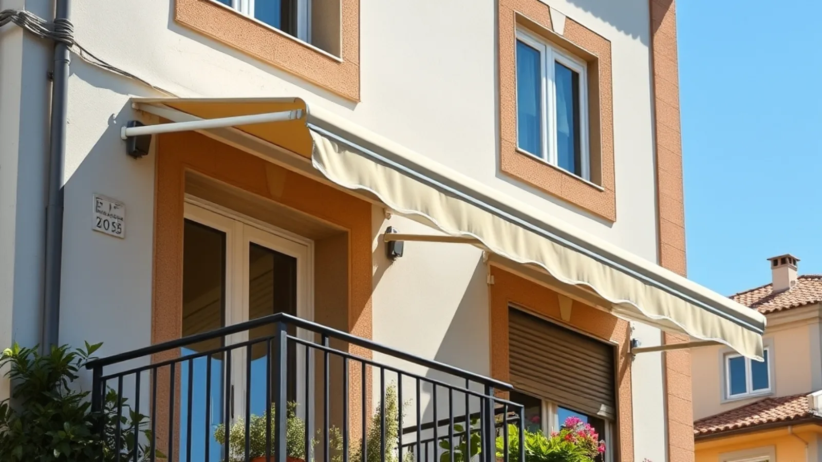 Toldo para varanda de apartamento a dar sombra a uma zona de estar exterior